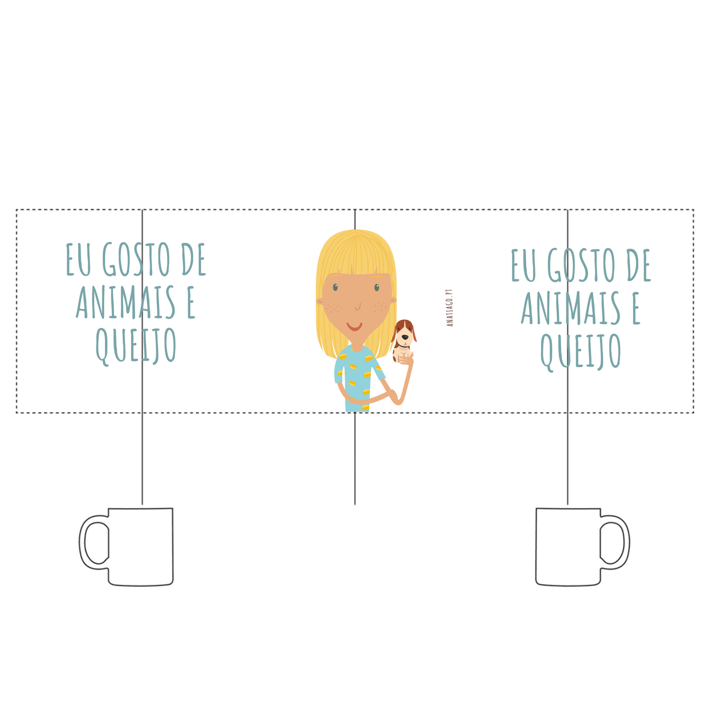 Personalised mug with Cartoon character holding a cow with text 'EU GOSTO DE ANIMAIS E QUEIJO' to customise