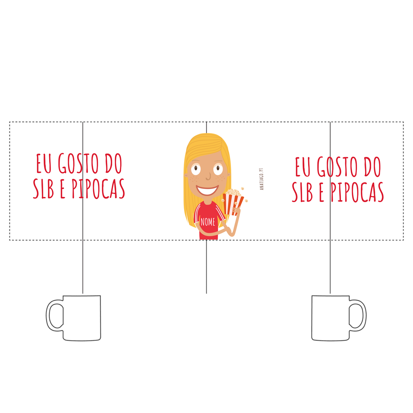 mug with a cartoon character holding popcorn and text in Portuguese on a white background to print