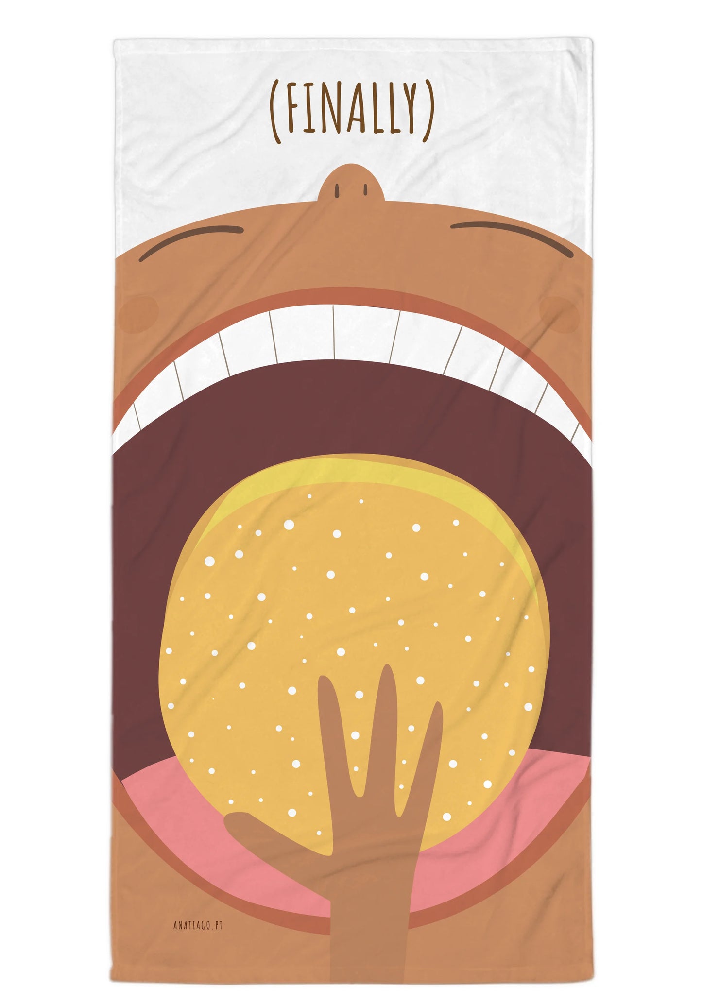 beach towel Cartoon with open mouth showing a hand holding a bola de Berlin