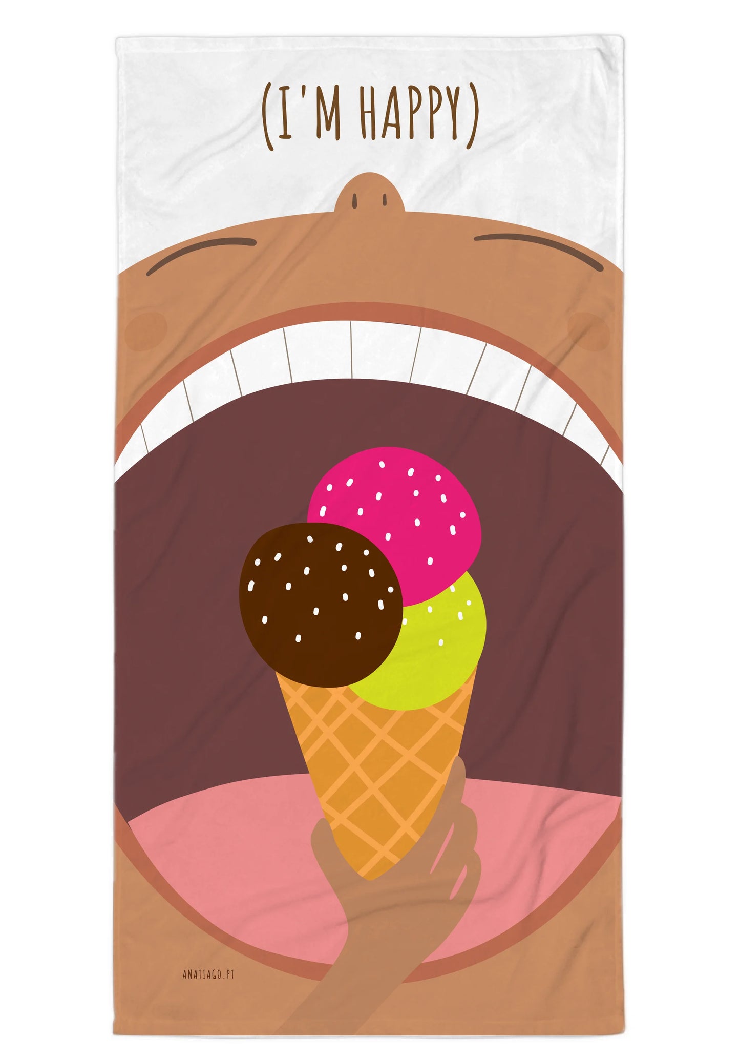 Beach Towel Cartoon character with an open mouth holding an ice cream cone, with text 'I'm happy' above.