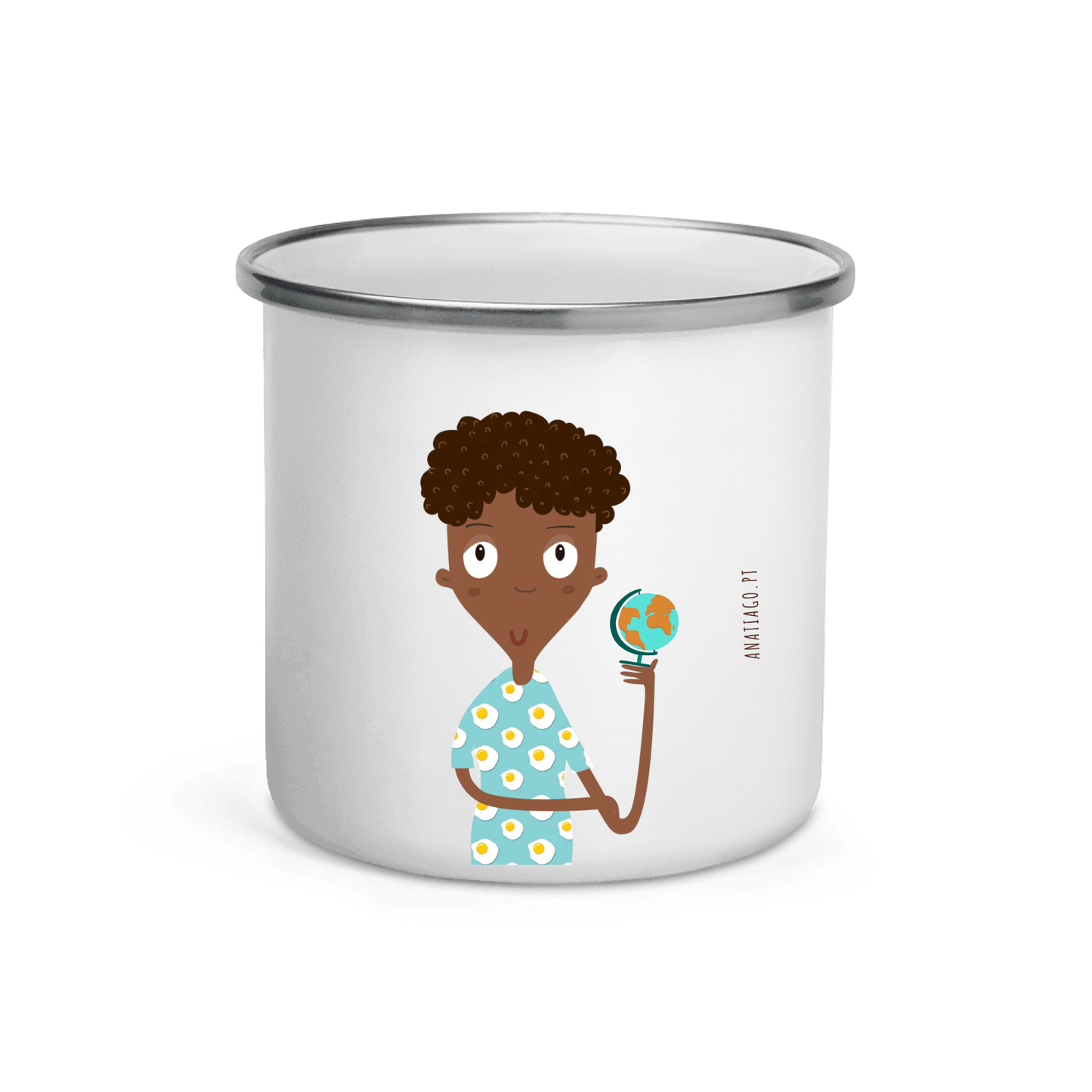 Personalized mug with a colorful illustration of a woman holding a globe
