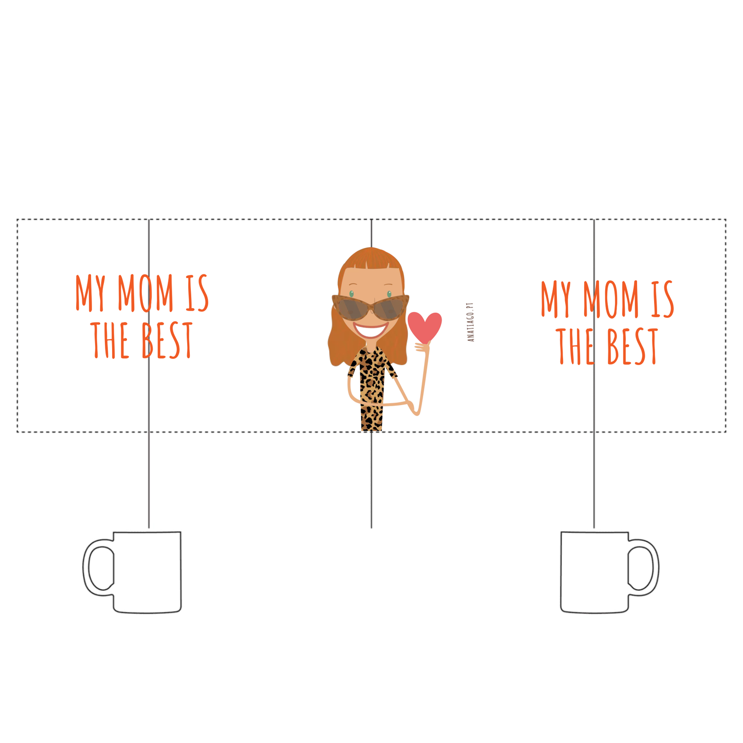 mug with woman Cartoon character holding a heart with text 'My mom is the best' to customise
