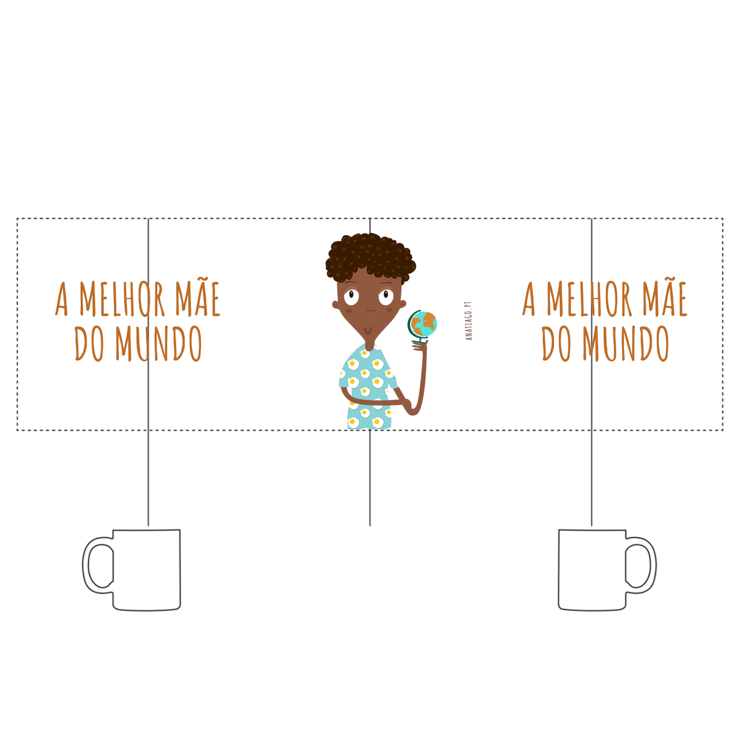 mug with Illustration of a child holding a globe with text 'A Melhor Mãe do Mundo' on either side, to customise