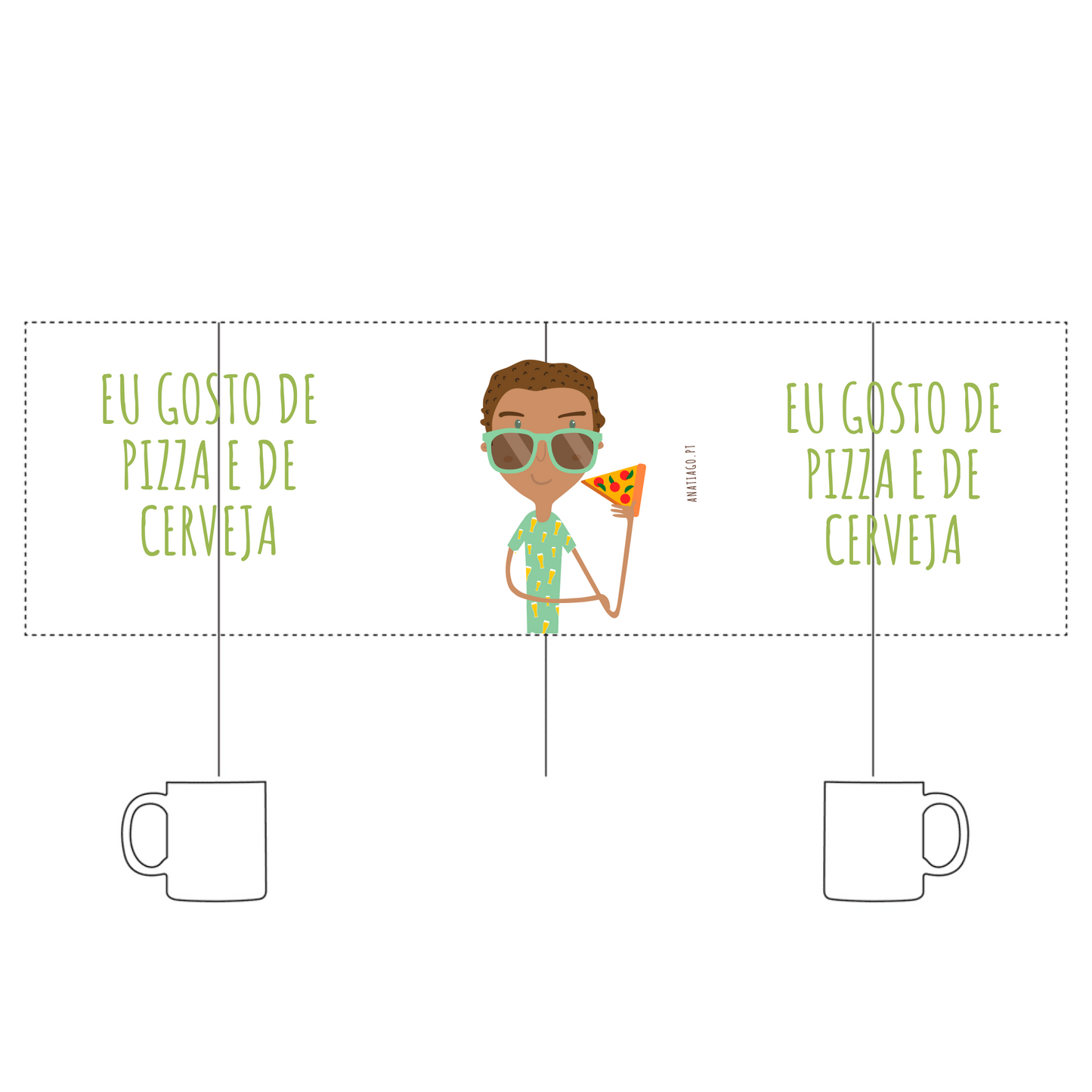 Mug to personalize character holding a pizza with text 'Eu gosto de pizza e de cerveja' to costumize