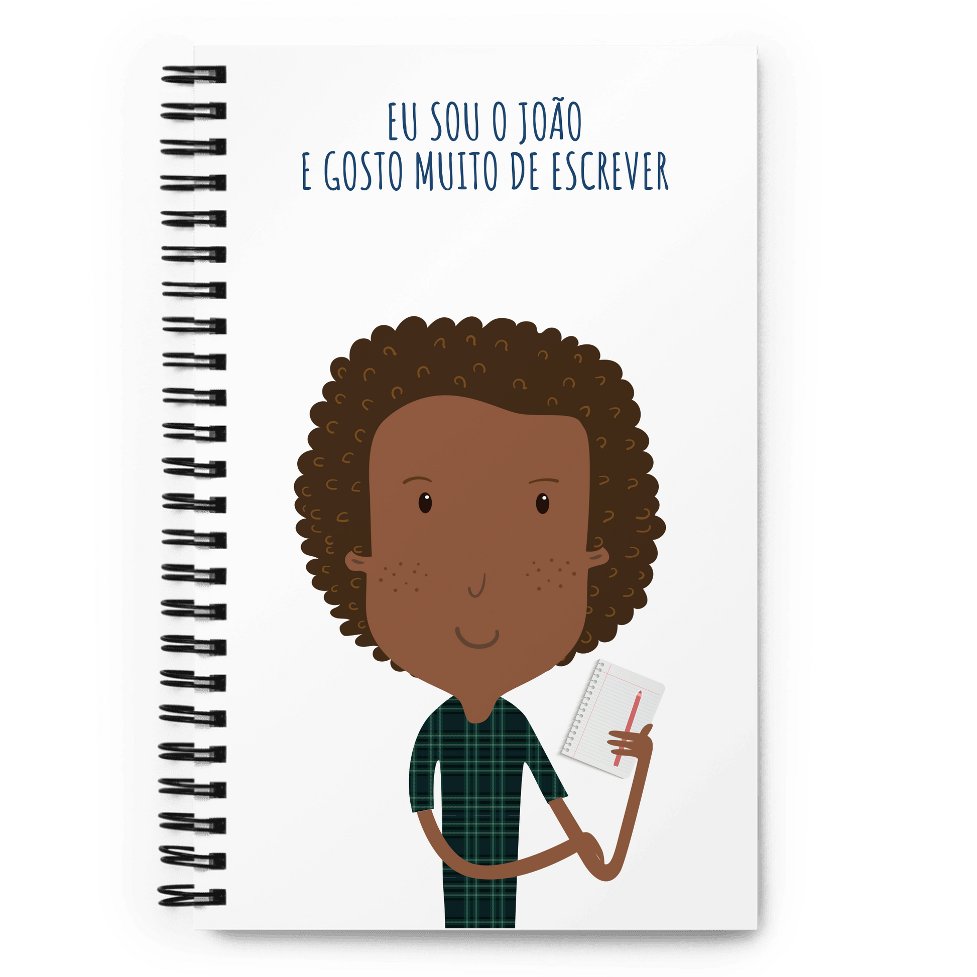 Notebook with a cartoon character holding a pen and paper, with text on the cover to customize