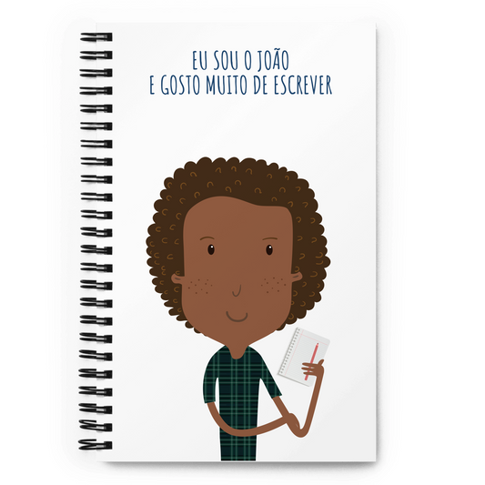 Notebook with a cartoon character holding a pen and paper, with text on the cover to customize
