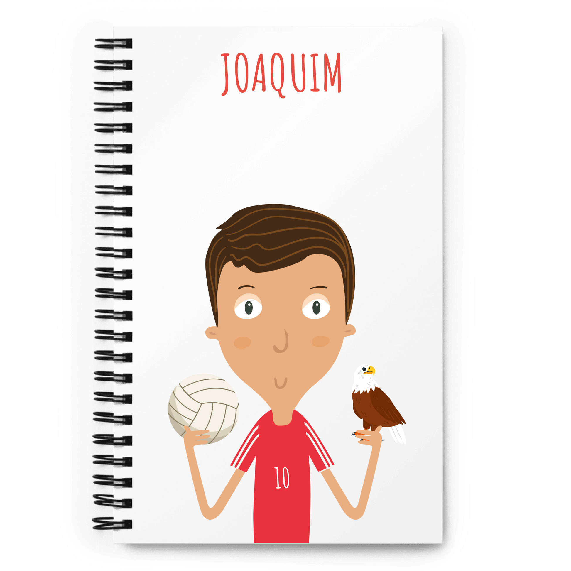 Notebook with a cartoon character holding sports equipment and the name 'Joaquim' on a white background to customize