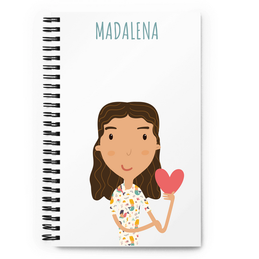 Notebook with a cartoon illustration of a girl holding a heart and the name 'Madalena' on a white background to customize