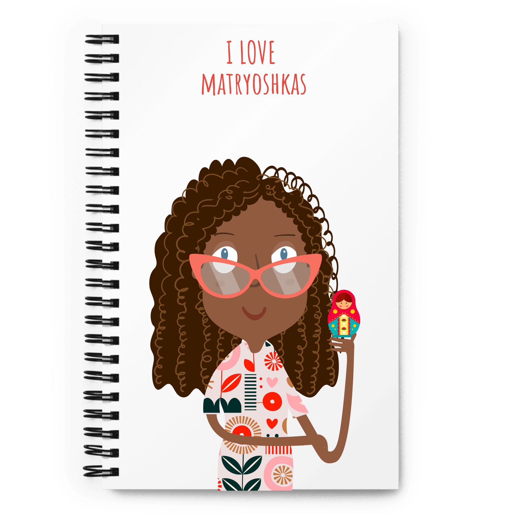Notebook with a colorful illustration of a girl holding a matryoshka doll on a white background. To Customize.