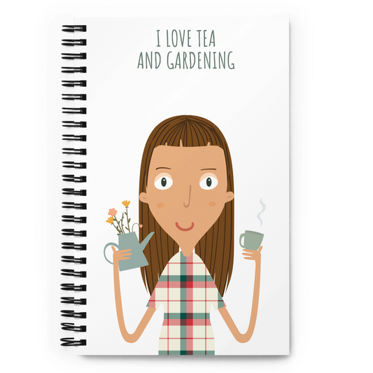 Notebook with a illustration of a girl holding a cup and flowers, text 'I love tea and gardening', on a white background to customize