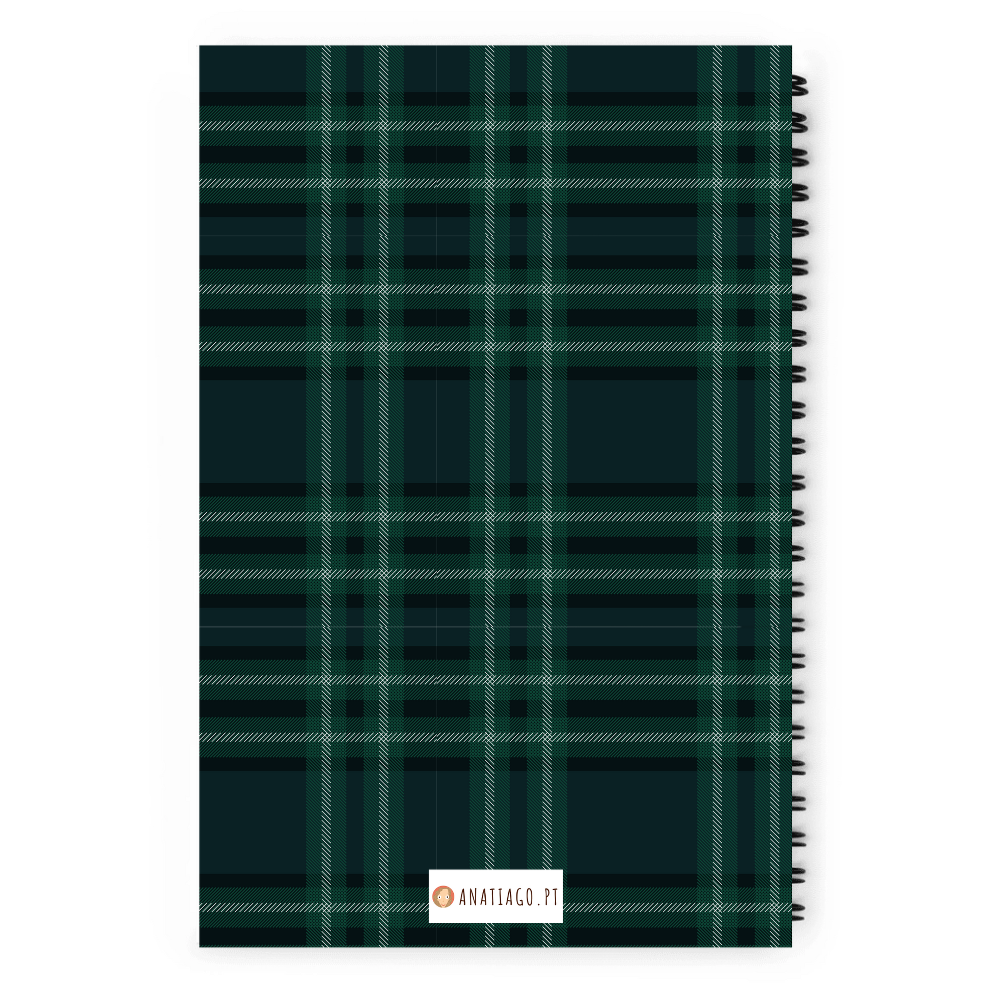 Green plaid notebook with a visible brand logo on a white background