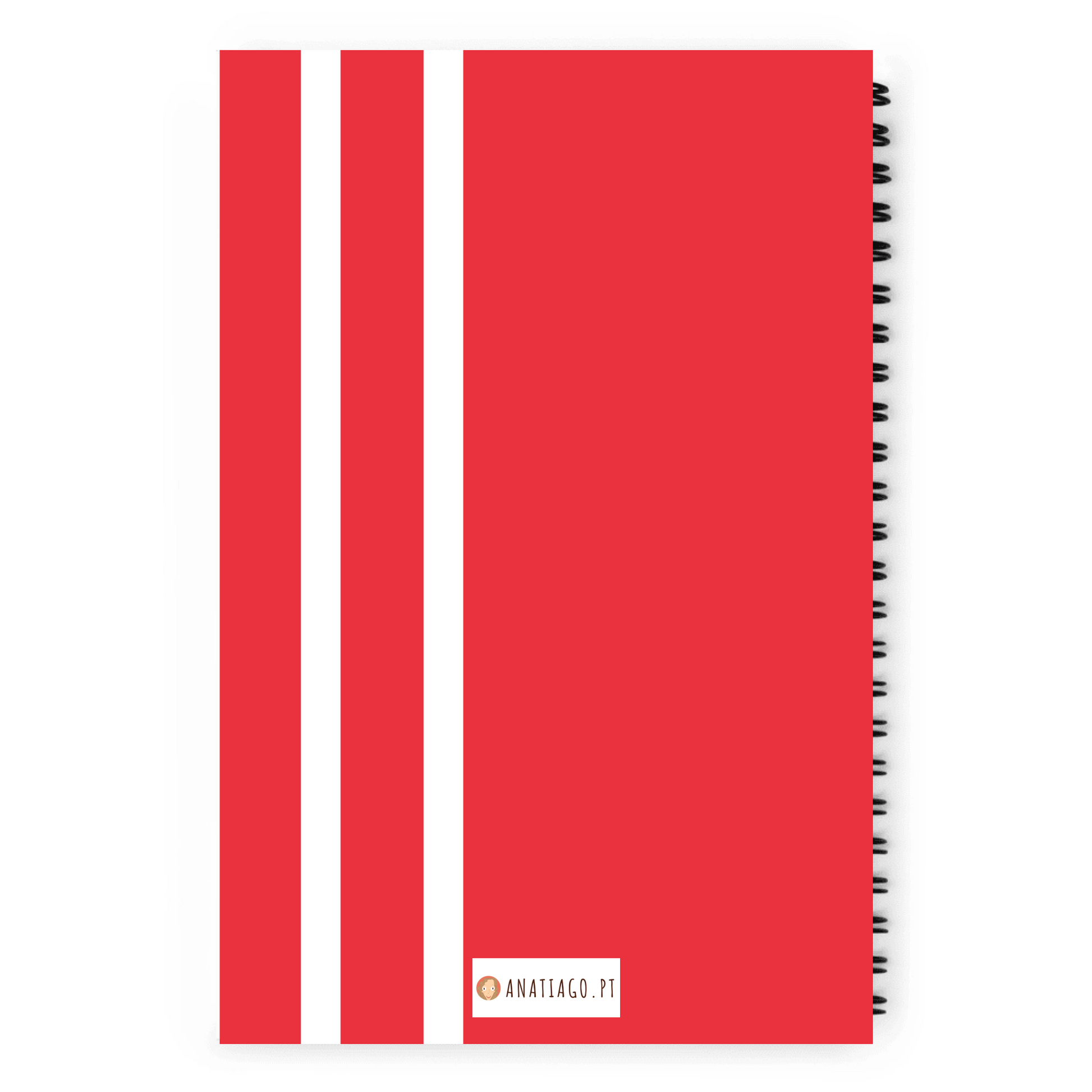 Red notebook with three vertical stripes on a white background
