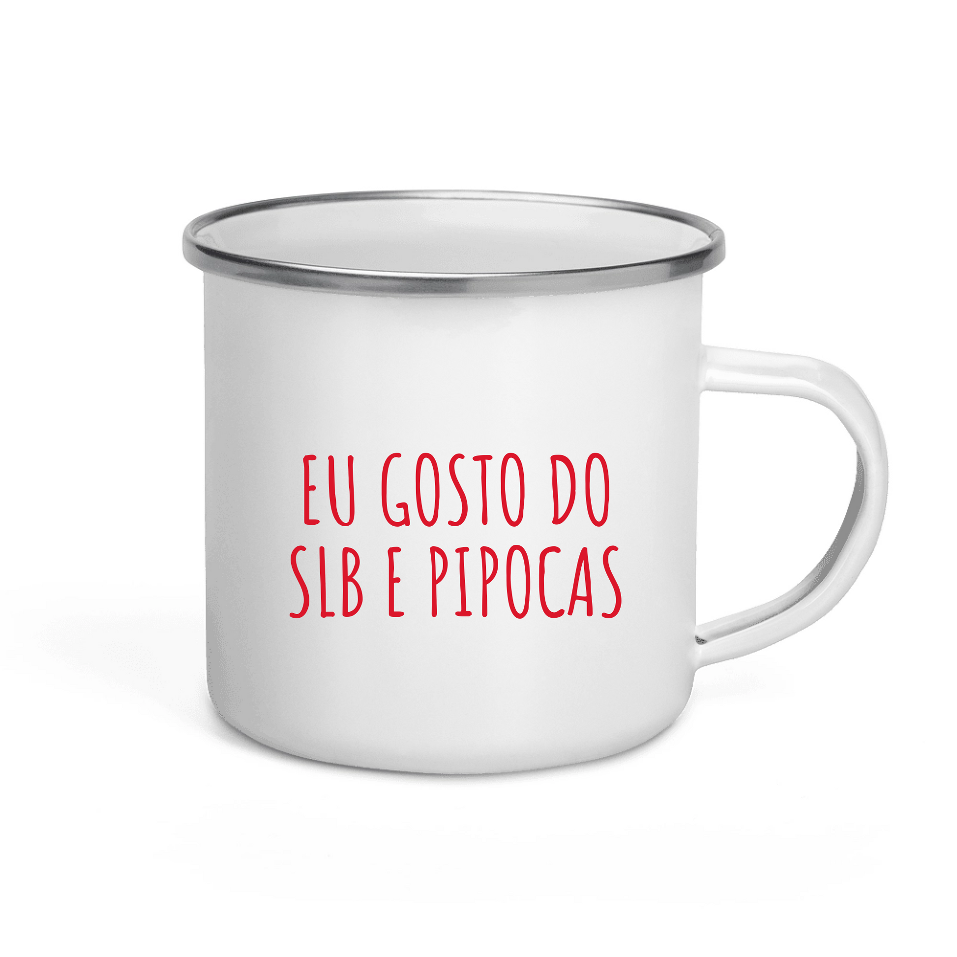 White mug with red text on a white background