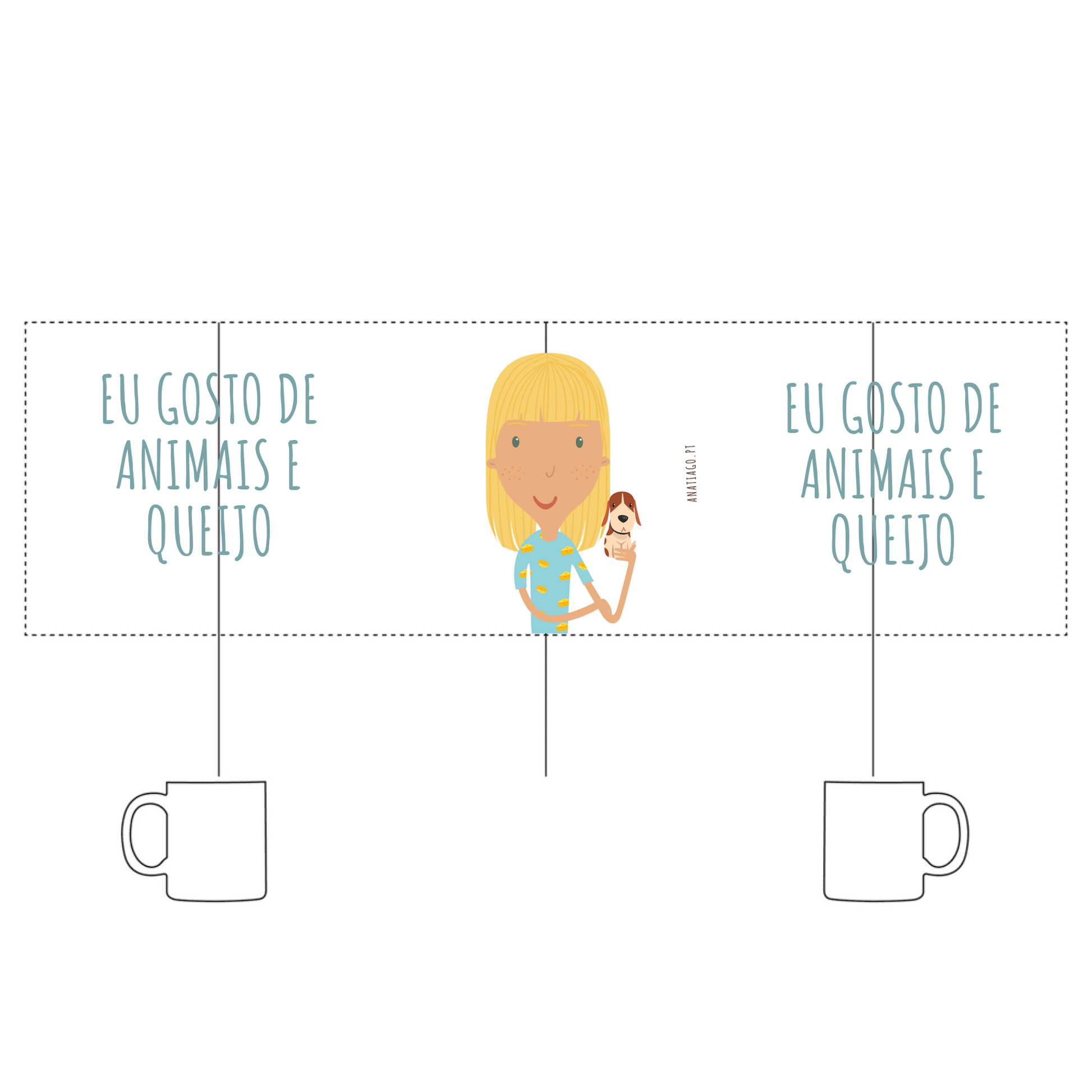 Personalised mug with Cartoon character holding a cow with text 'EU GOSTO DE ANIMAIS E QUEIJO' to customise