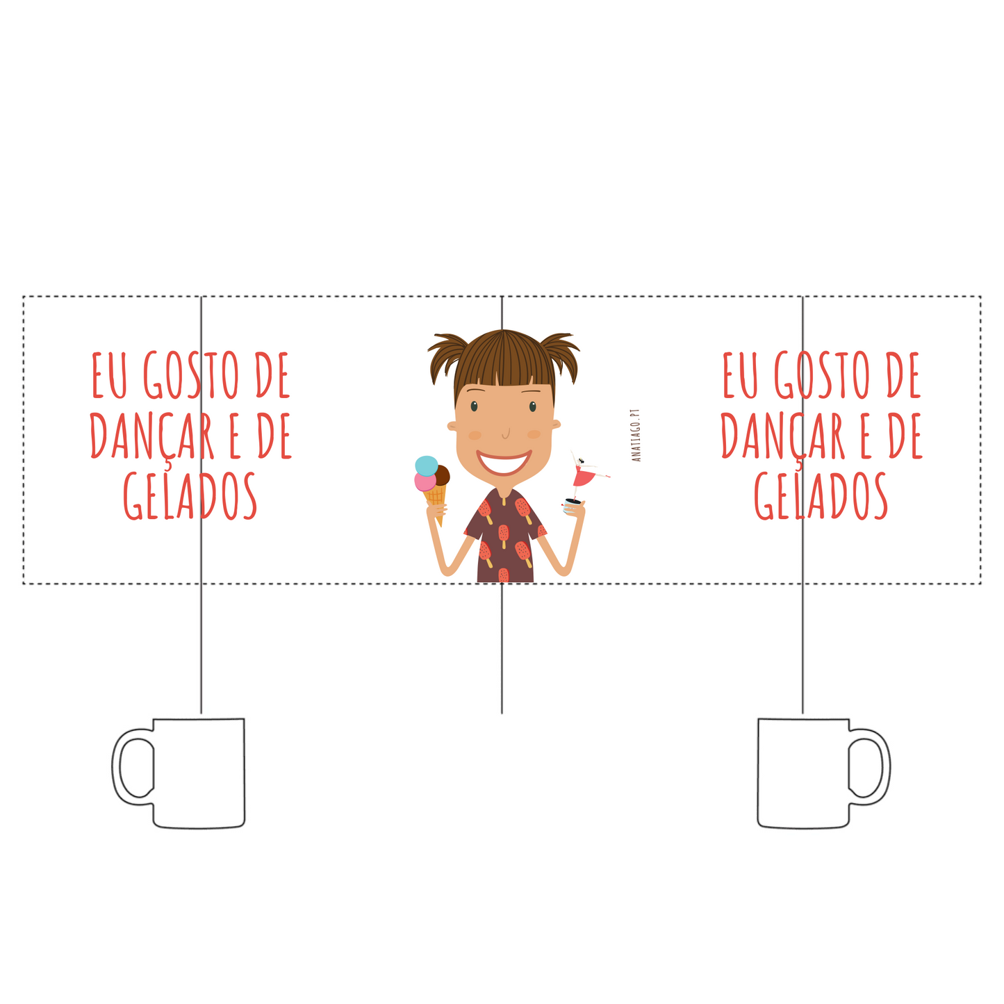 Mug with personalized Cartoon character holding ice cream with text 'EU GOSTO DE DANÇAR E DE GELADOS' on a white background