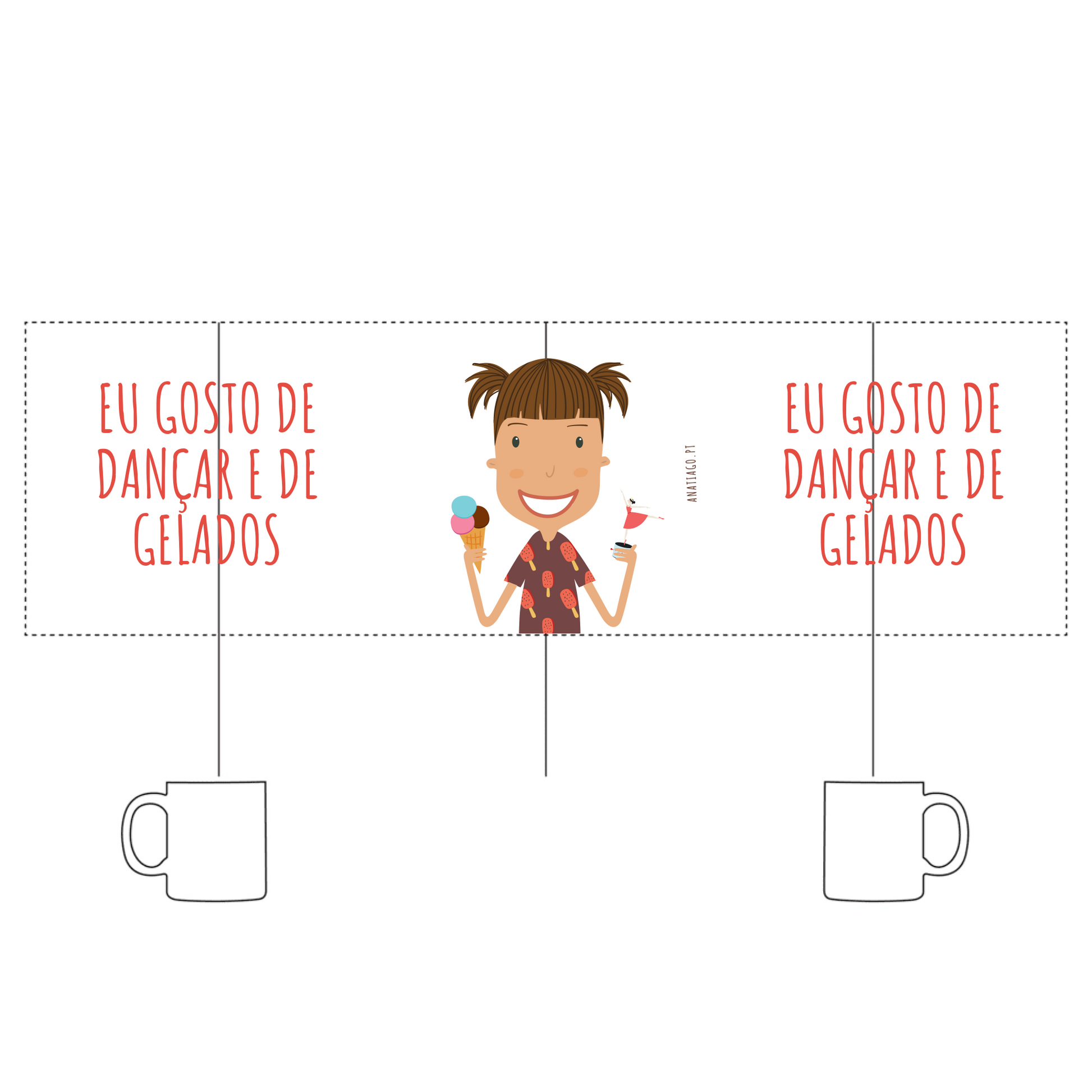 Mug with personalized Cartoon character holding ice cream with text 'EU GOSTO DE DANÇAR E DE GELADOS' on a white background