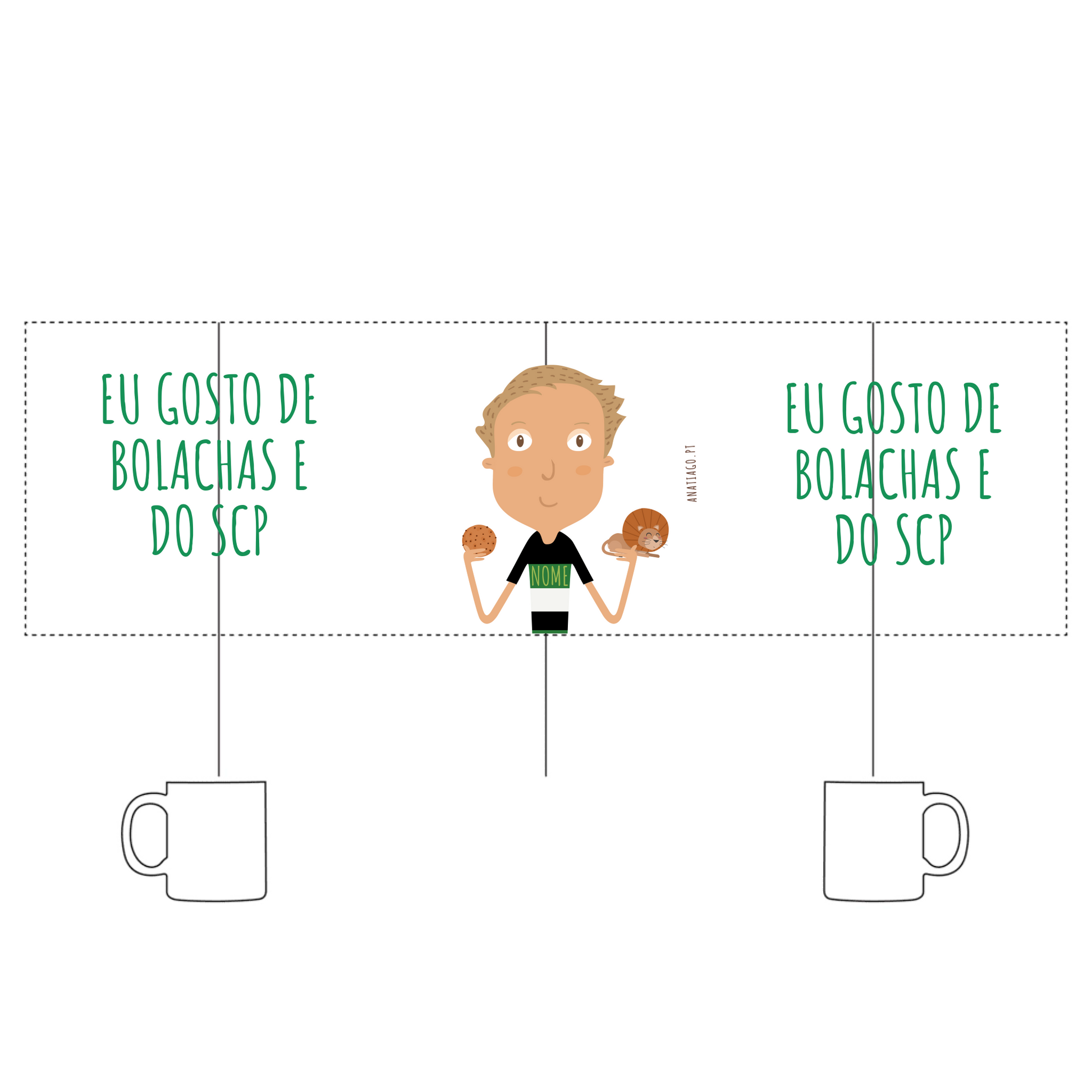 Mug to personalize with Cartoon character holding cookies with text 'Eu gosto de bolachas e do SCP' on a white background