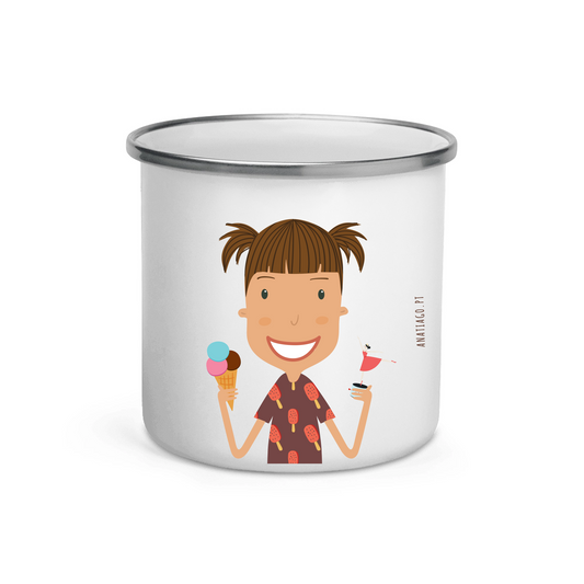 White mug personalized with a cartoon character holding ice cream and a drink on a white background