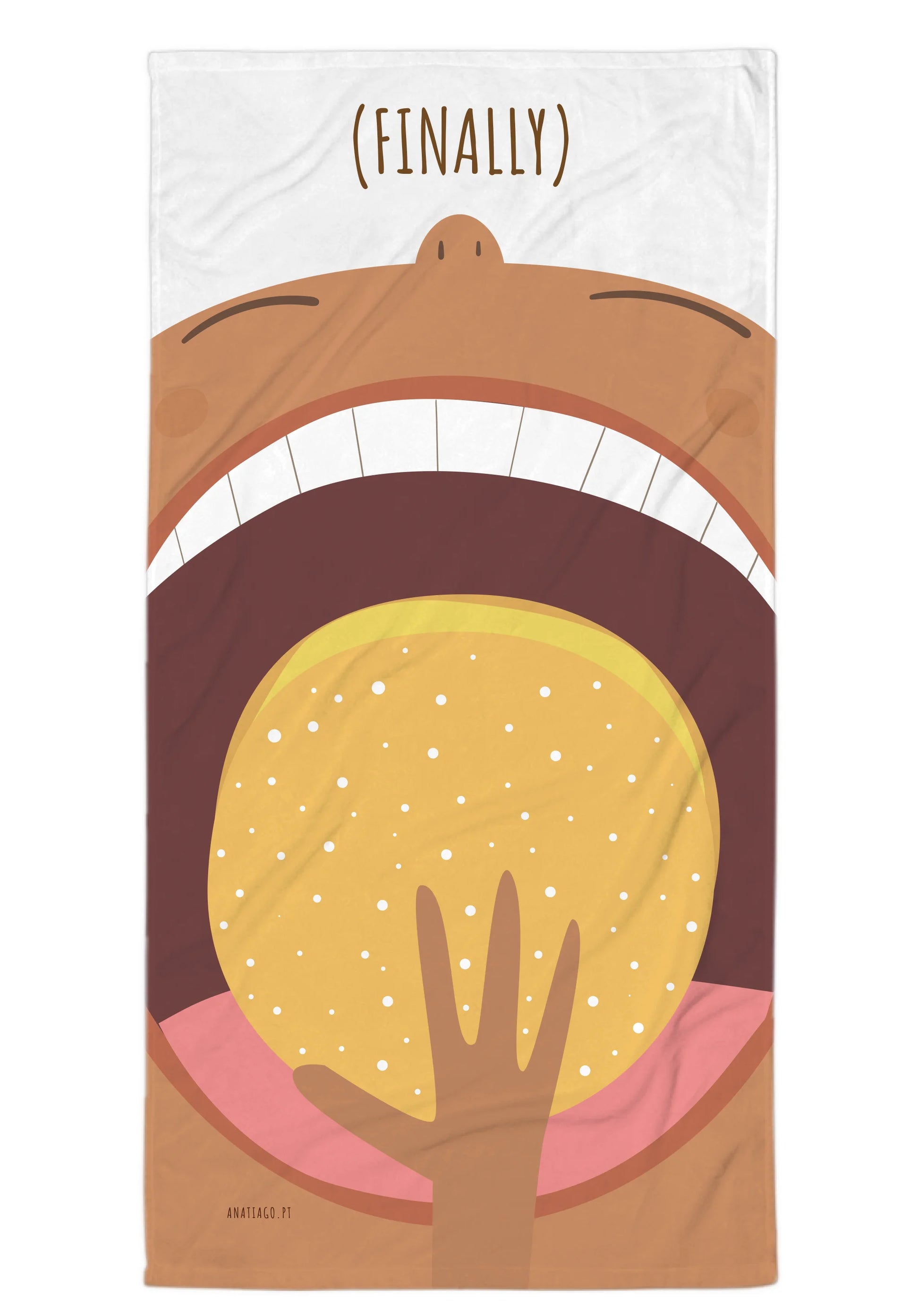 beach towel Cartoon with open mouth showing a hand holding a bola de Berlin