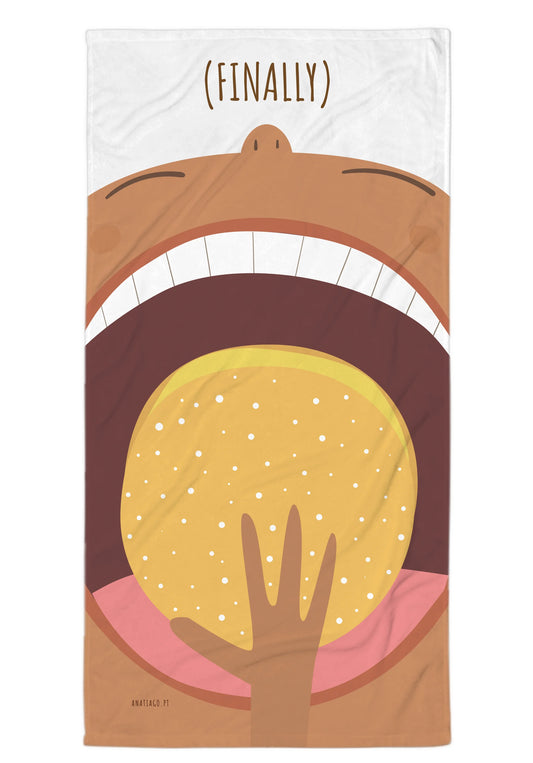 beach towel Cartoon with open mouth showing a hand holding a bola de Berlin
