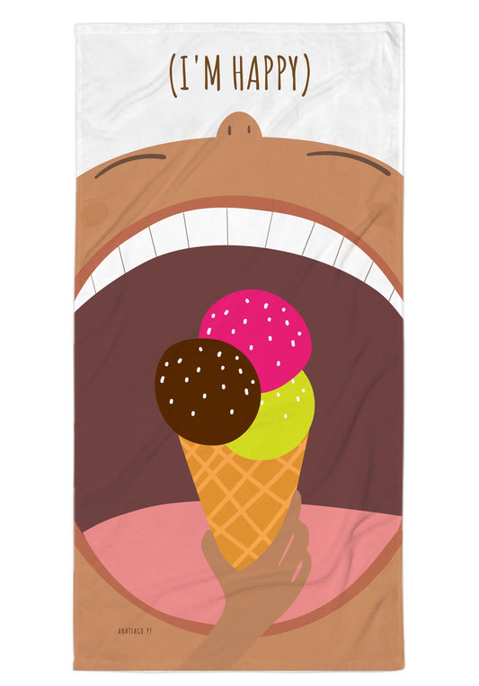 Beach Towel Cartoon character with an open mouth holding an ice cream cone, with text 'I'm happy' above.