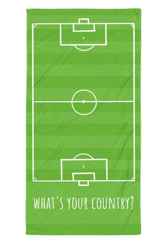 Green beach towel with soccer field design and 'What's Your Country?' text on a white background