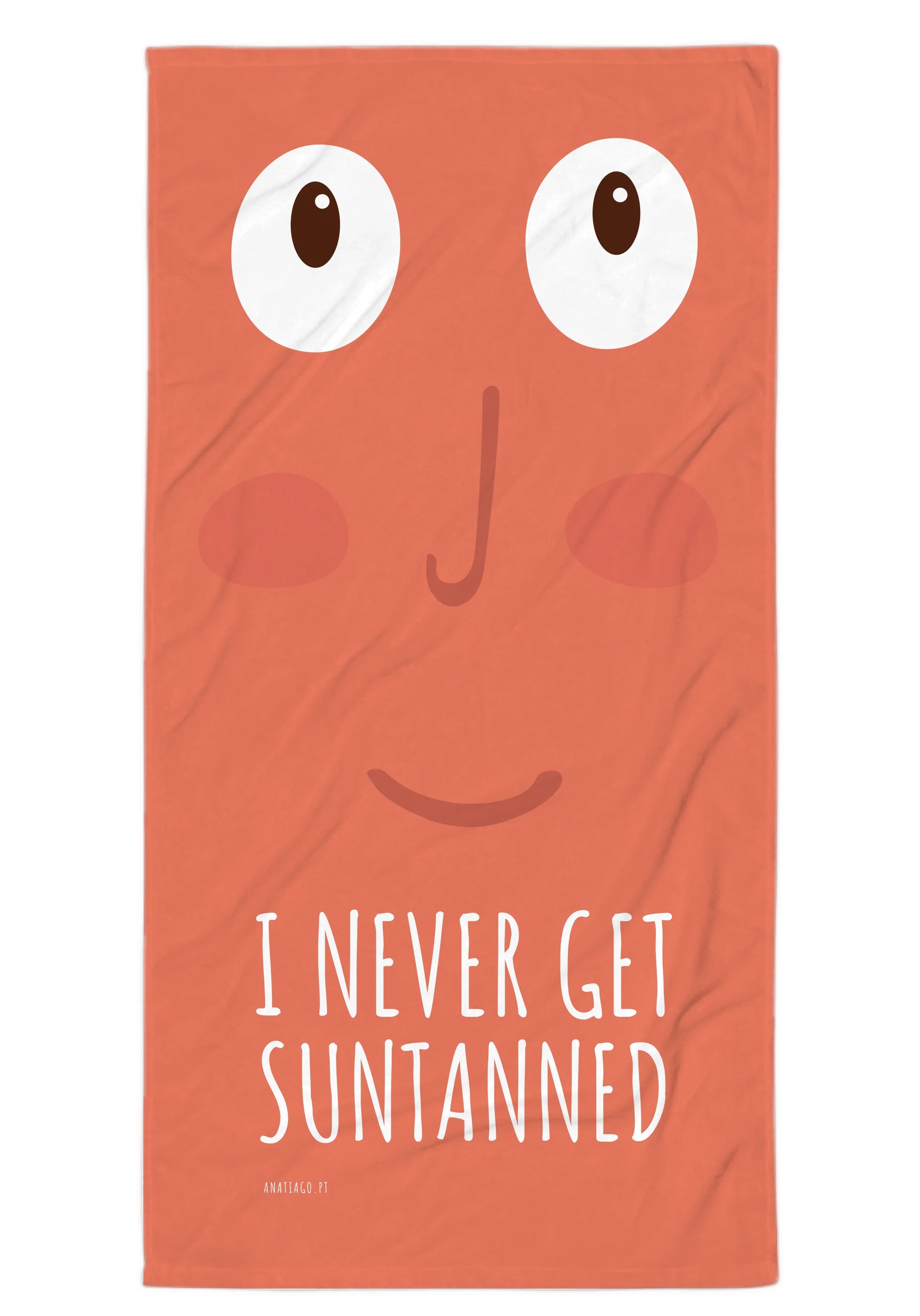 Beach Towel with a face design and text 'I Never Get Suntanned' on an orange background to customise