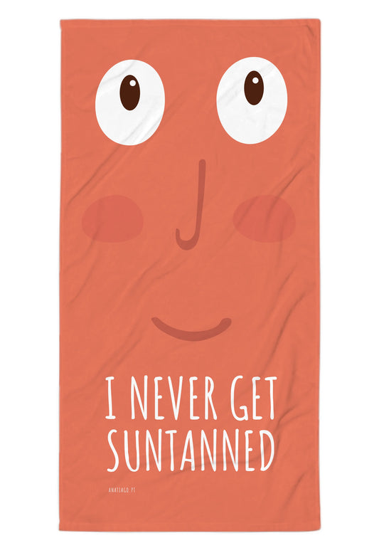 Beach Towel with a face design and text 'I Never Get Suntanned' on an orange background to customise