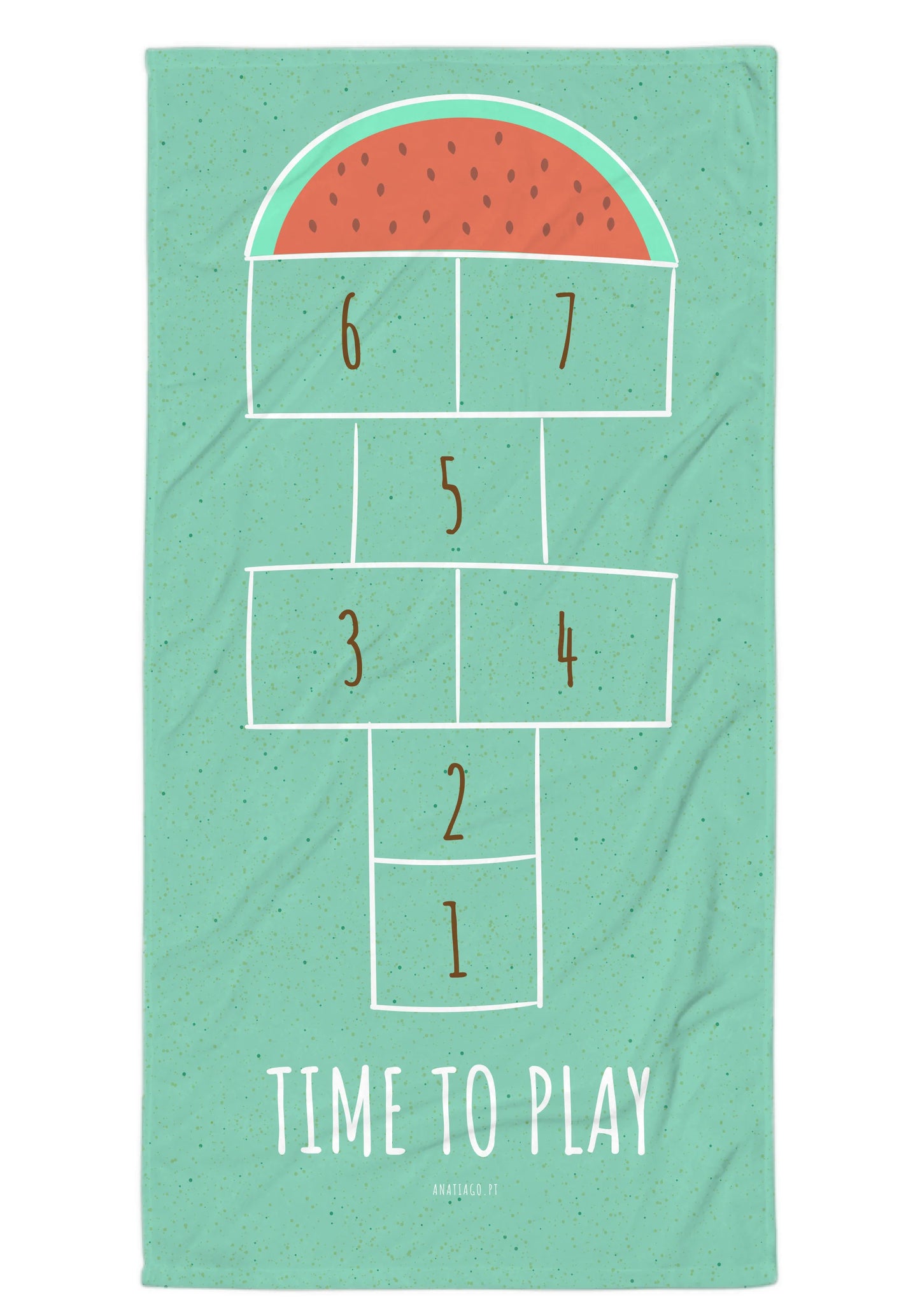 Mint green beach towel with hopscotch design and 'Time to Play' text on a white background