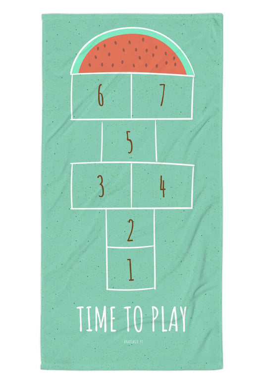 Mint green beach towel with hopscotch design and 'Time to Play' text on a white background