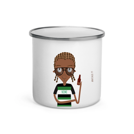 White mug with a cartoon character holding a beer with a sporting t-shirt to costumize
