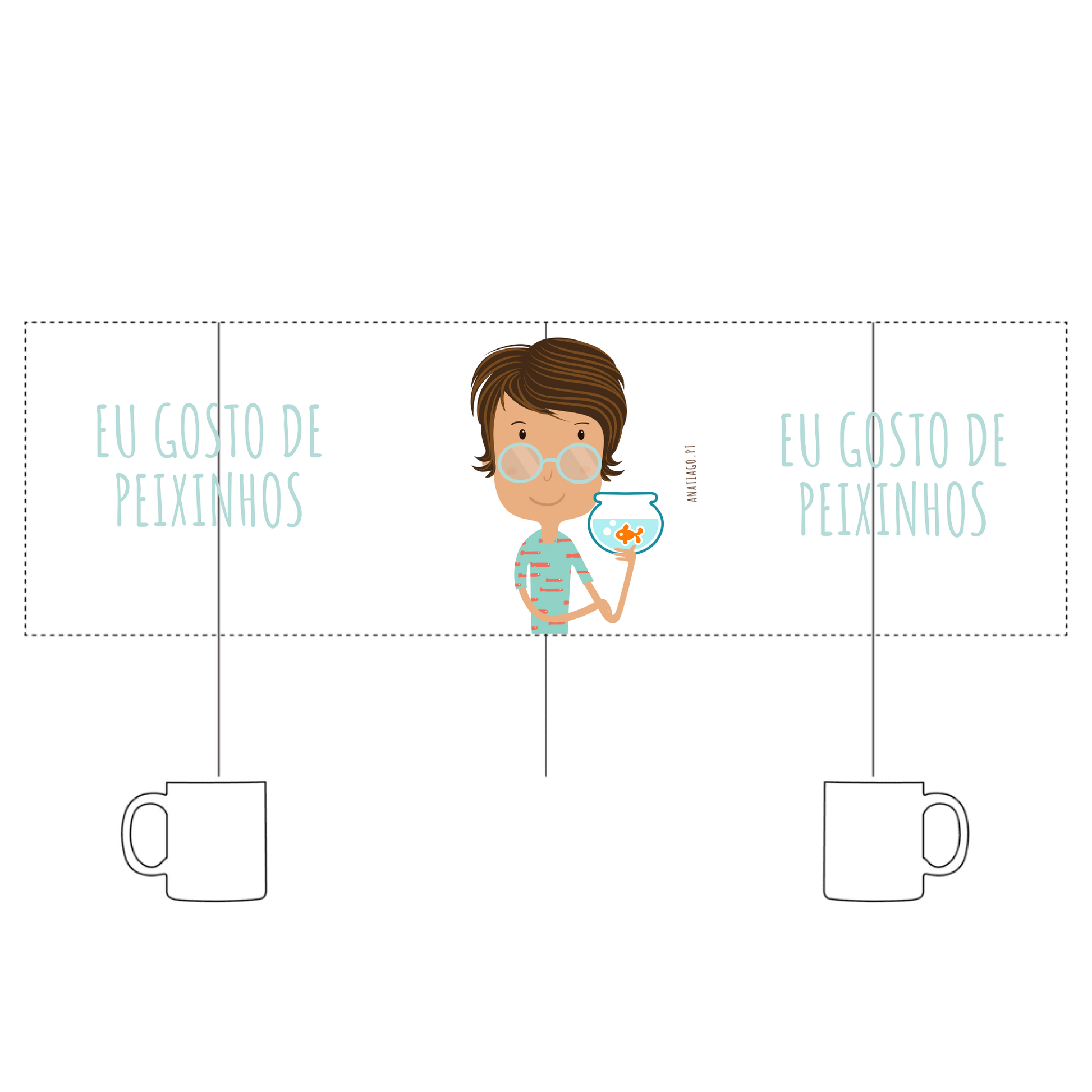 Personalized mud with a design of a boy holding a fishbowl and text 'Eu gosto de peixinhos' to customise