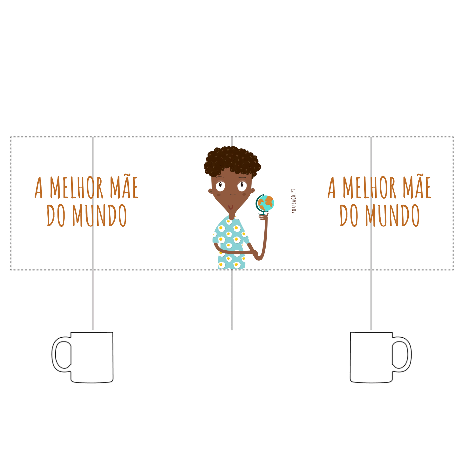 mug with Illustration of a child holding a globe with text 'A Melhor Mãe do Mundo' on either side, to customise