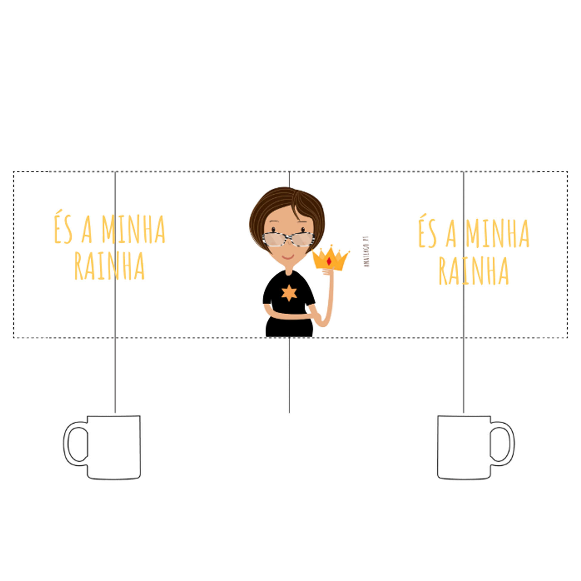 Cartoon character holding a crown with text 'És a minha rainha' on a mug personalized