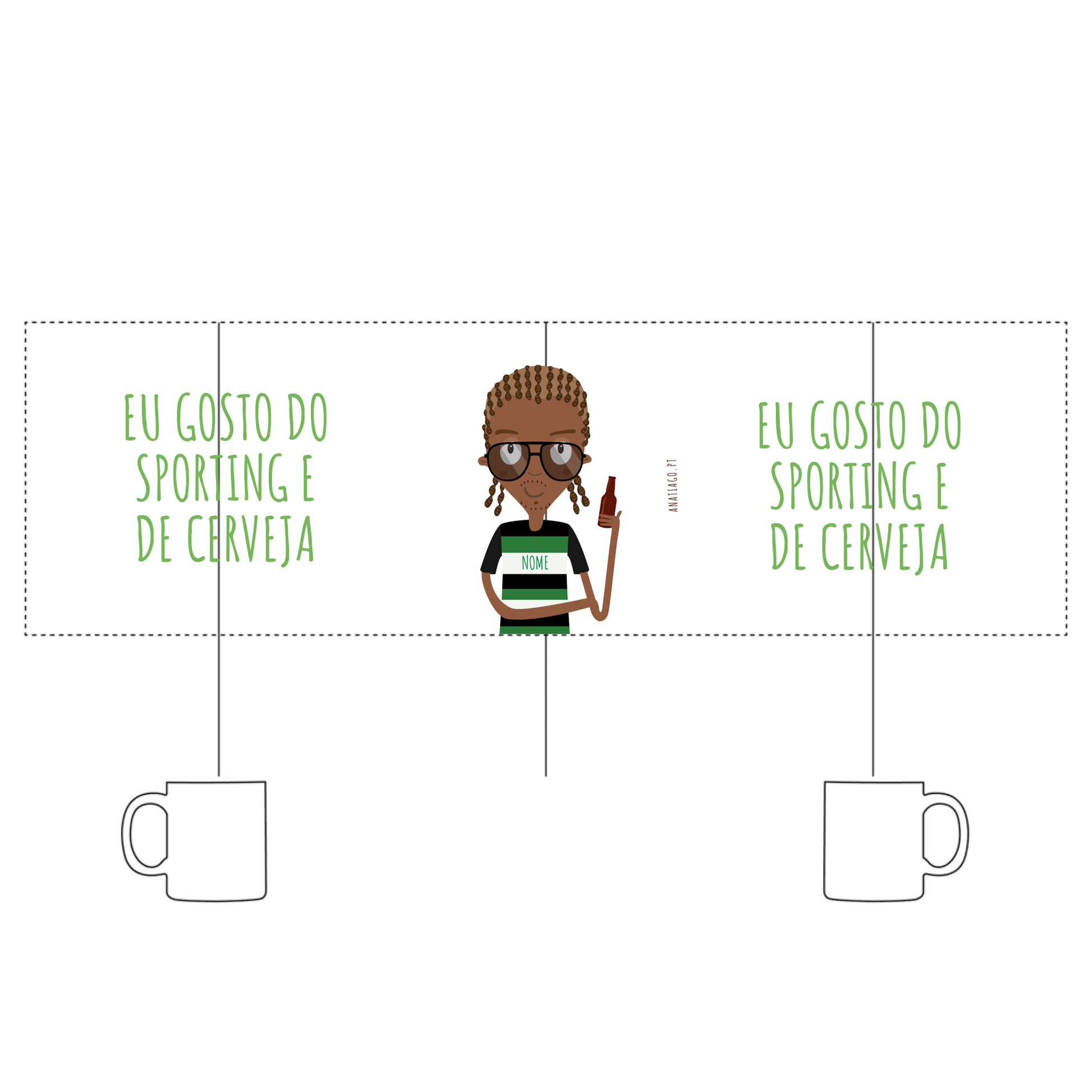 mug to personalize with Cartoon character with glasses and a striped shirt holding a mug, with text 'Eu gosto do Sporting e de cerveja' 