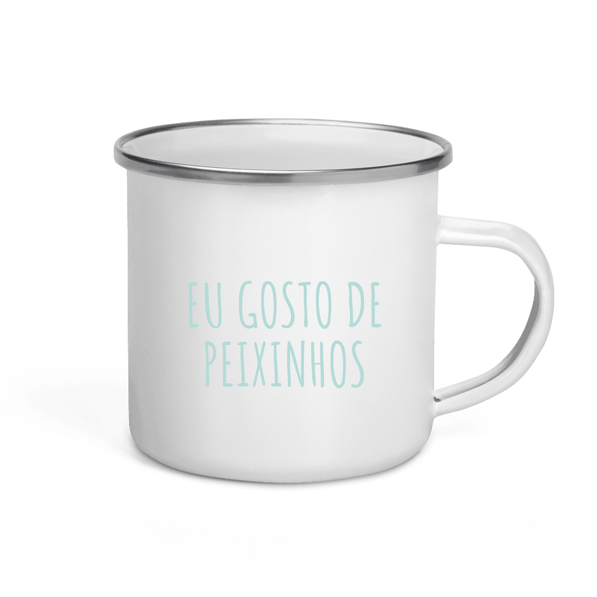 White mug with silver rim and handle, featuring teal text to customise and character like your face