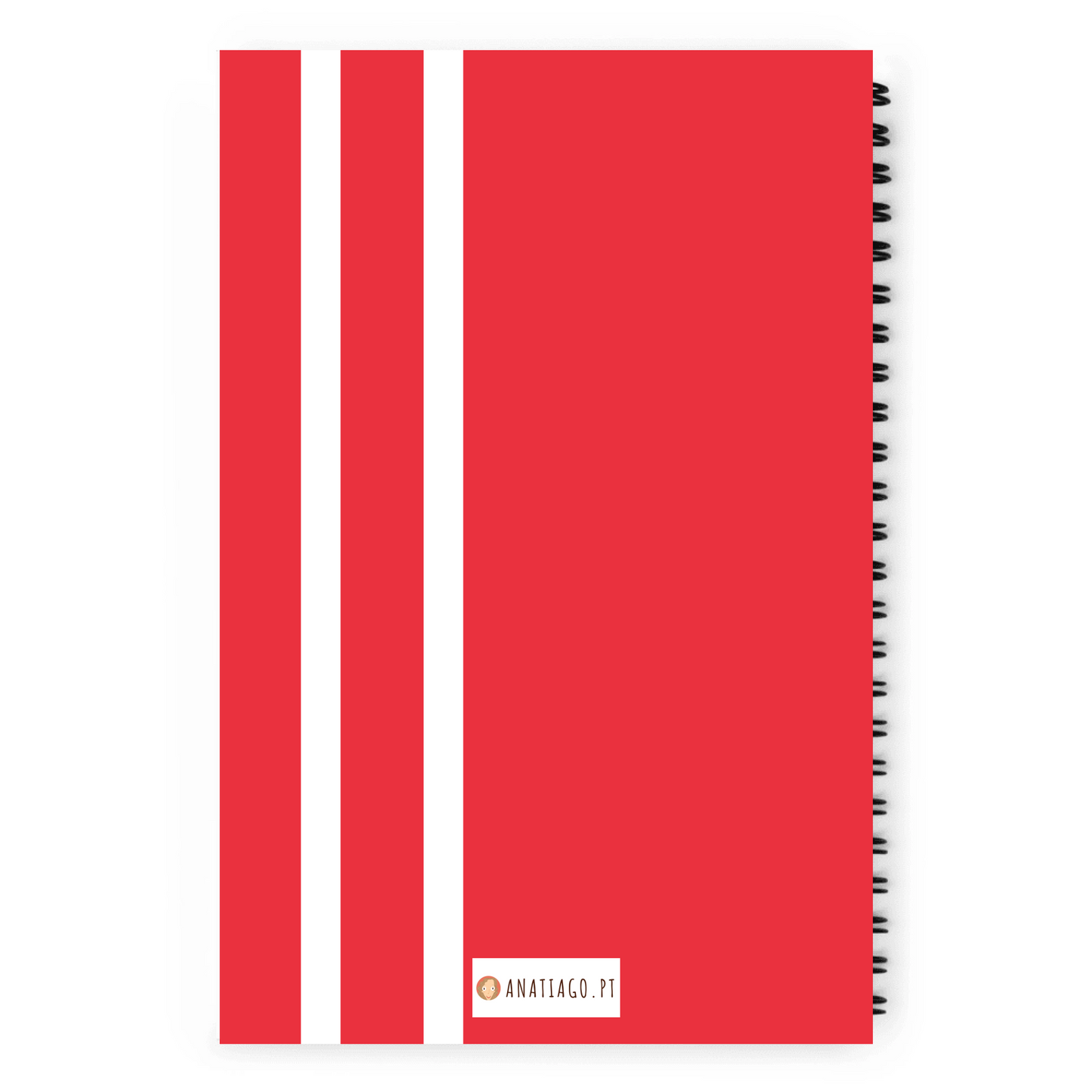 Red notebook with three vertical stripes on a white background