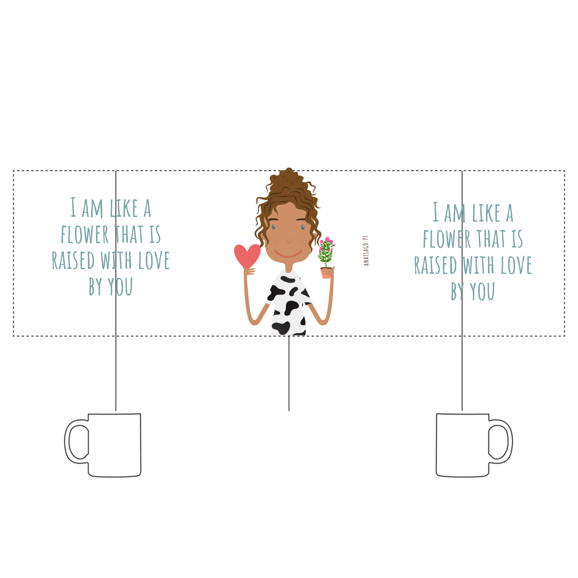 mug with Cartoon character holding a heart and a flower with text about being raised with love, to customise