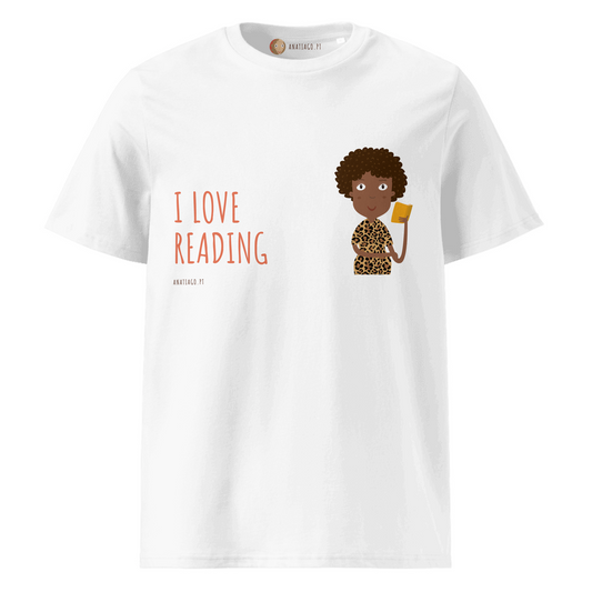 White t-shirt with 'I Love Reading' text and a graphic of a character person holding a book on a white background.