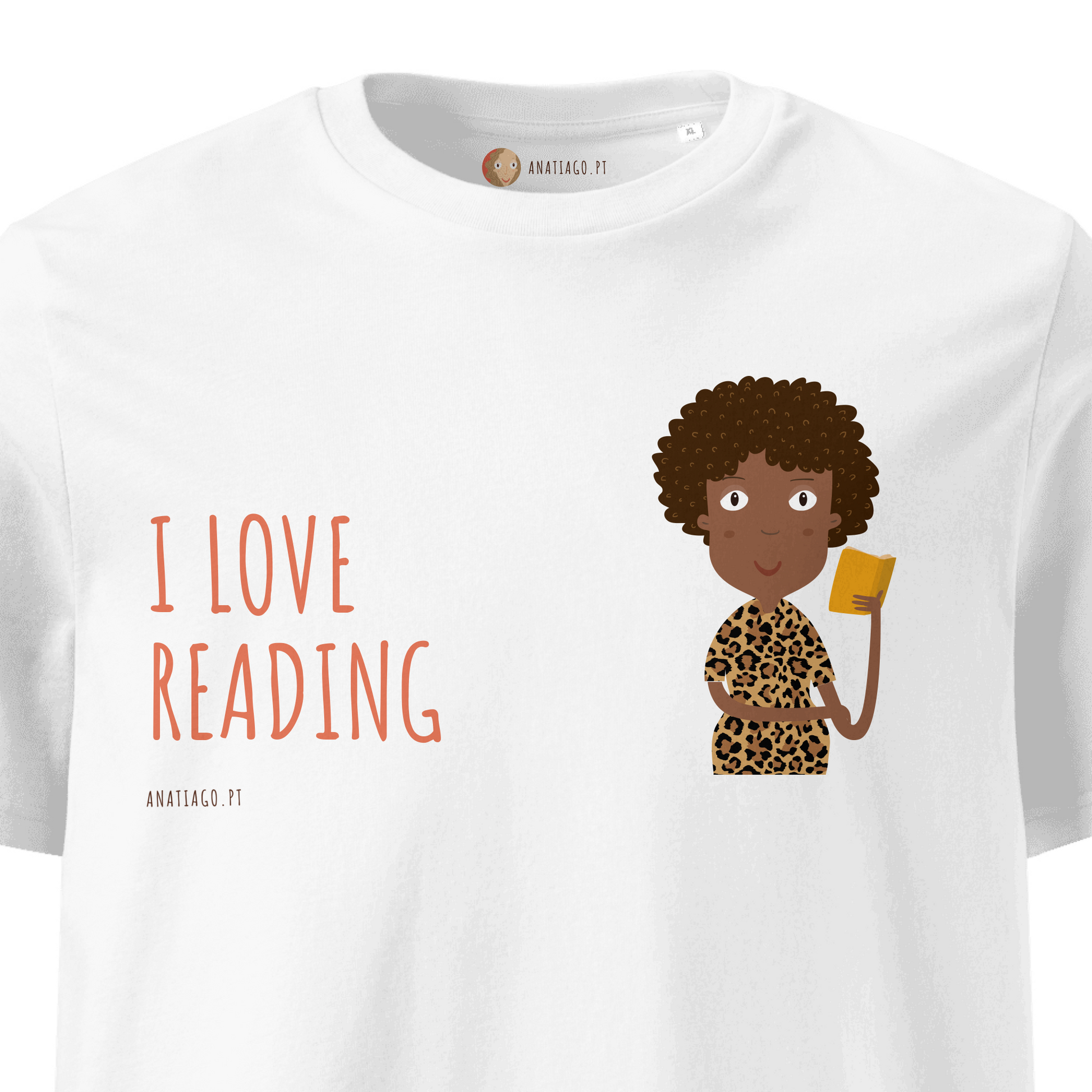 White t-shirt with a cartoon character holding a book and 'I Love Reading' text on a white background
