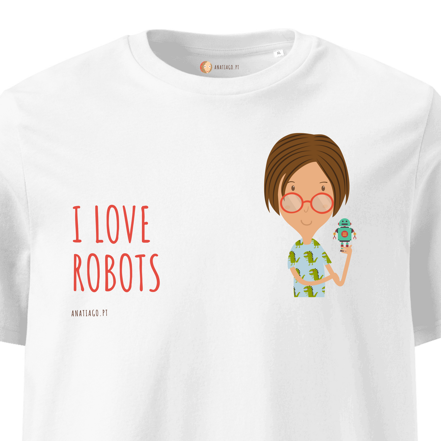 White t-shirt with a cartoon character holding a robot and 'I Love Robots' text on a white background