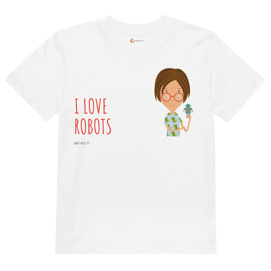 White t-shirt with a cartoon character holding a robot and 'I Love Robots' text on a white background