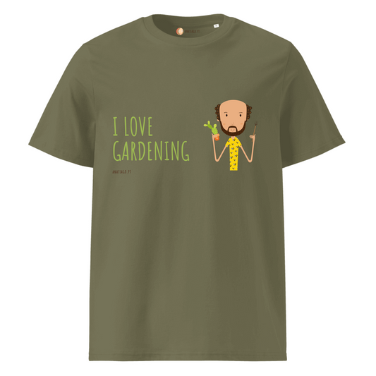 Green t-shirt with a cartoon of a man gardening and text 'I love gardening' 