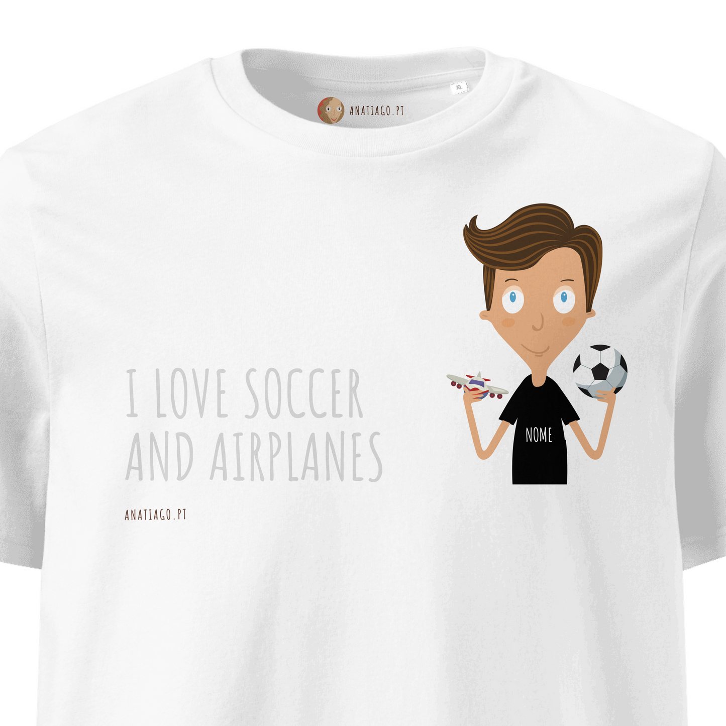 t-shirt with a cartoon character holding a soccer ball and airplane, text 'I love soccer and airplanes' to costumize