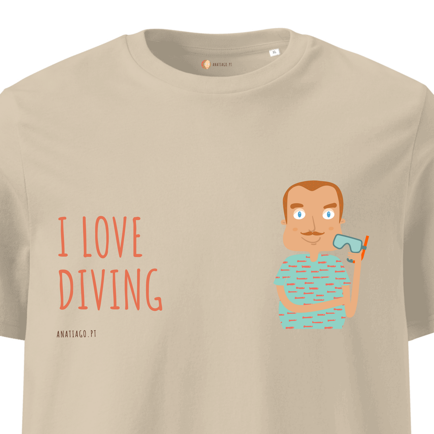 Beige t-shirt with a cartoon of a person holding a diving mask and text 'I LOVE DIVING' on a white background.