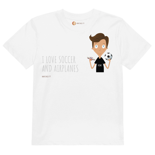 White t-shirt with cartoon character holding a soccer ball and airplane, text 'I love soccer and airplanes' to costumize